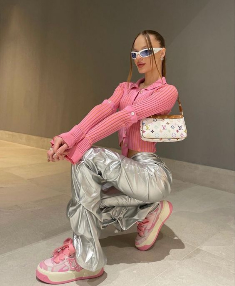 metallic pants with pink sneakers
