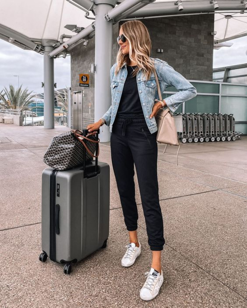 Light Blue Casual Jacket, Black Cotton Jeans, Airport Outfits
