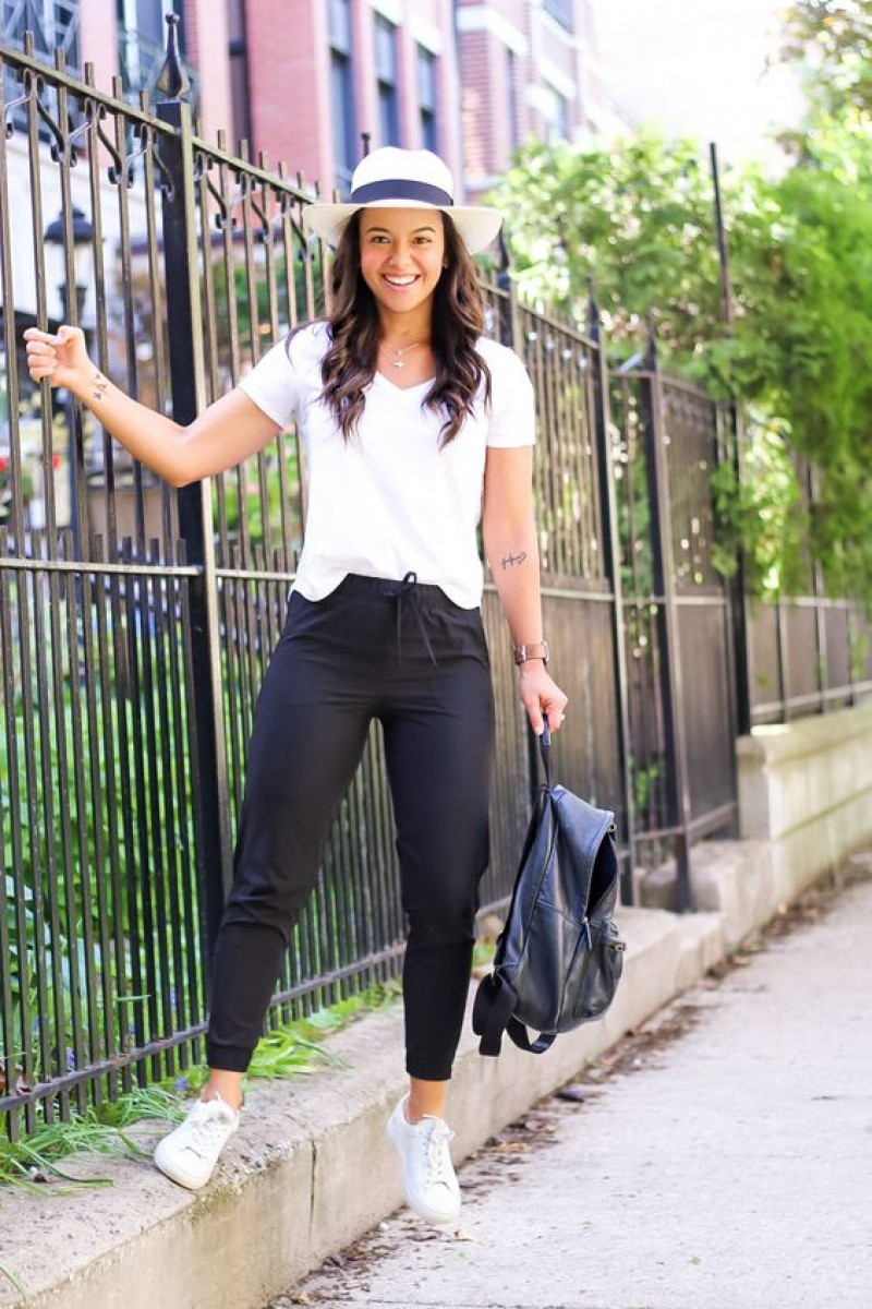 White Short Sleeves T-Shirt, Dark Blue And Navy Cotton Sweat Pant, White Vans Outfit