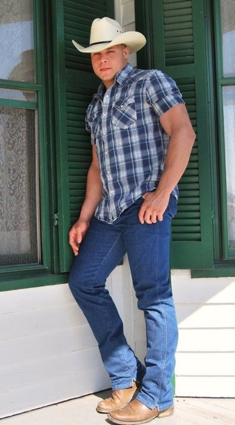 Short Sleeves Shirt, Dark Blue And Navy Denim Casual Trouser, Men's Cowboy Outfits