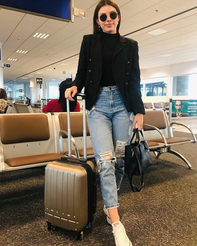 Black Wool Coat, Light Blue Denim Casual Trouser, Airport Outfits