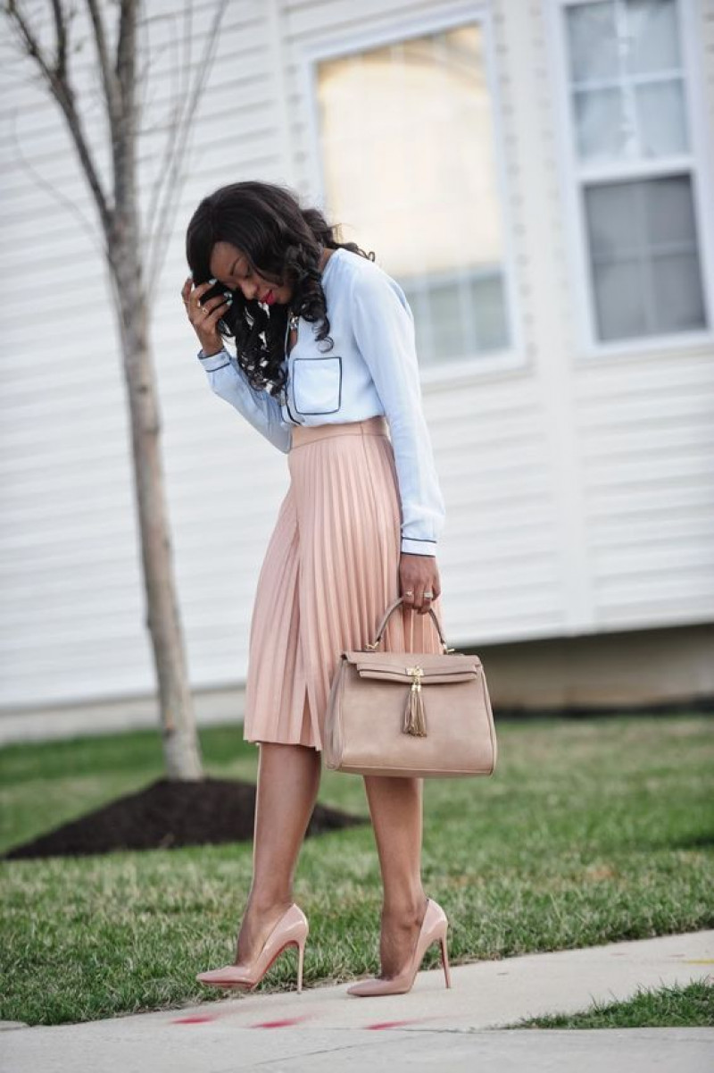 Light Blue Long Sleeves Shirt, Pink Silk Wrap Skirt, Church Outfit Ideas
