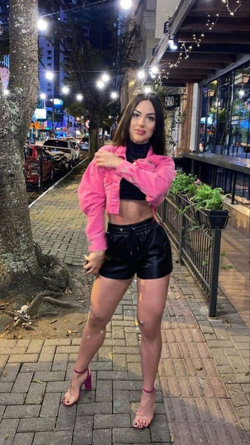 Pink Winter Jacket, Black Leather Sportswear Short, Clubbing Outfit