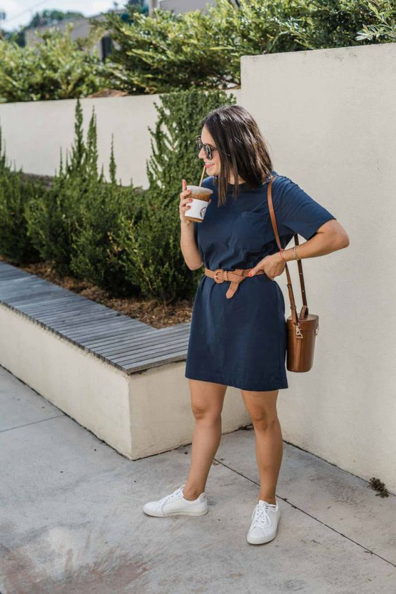 Dark Blue And Navy  Mini Blouse Dress, White Vans Outfit