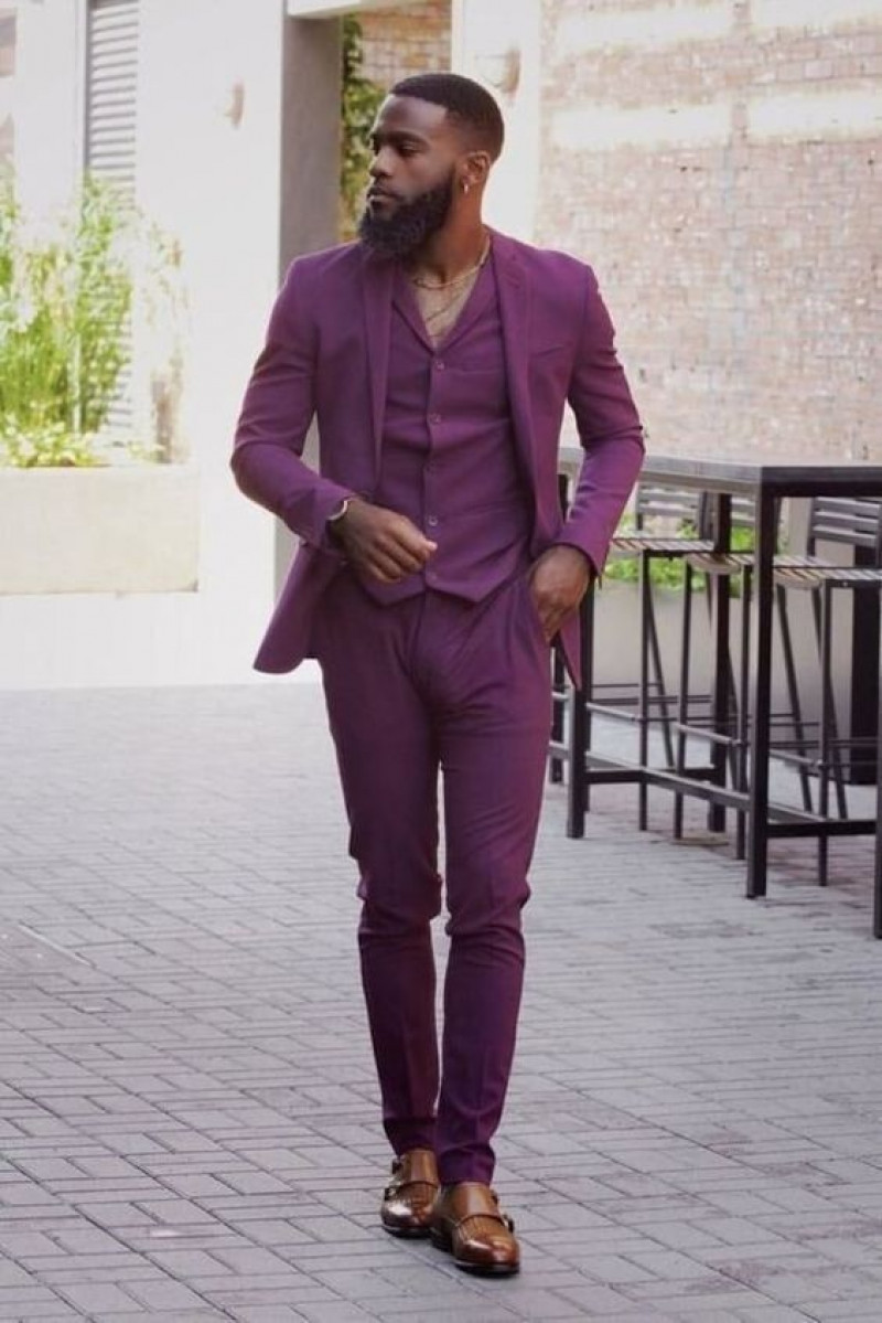 Purple And Violet Wool Coat, Purple And Violet Cotton Casual Trouser, Suits For Black Men