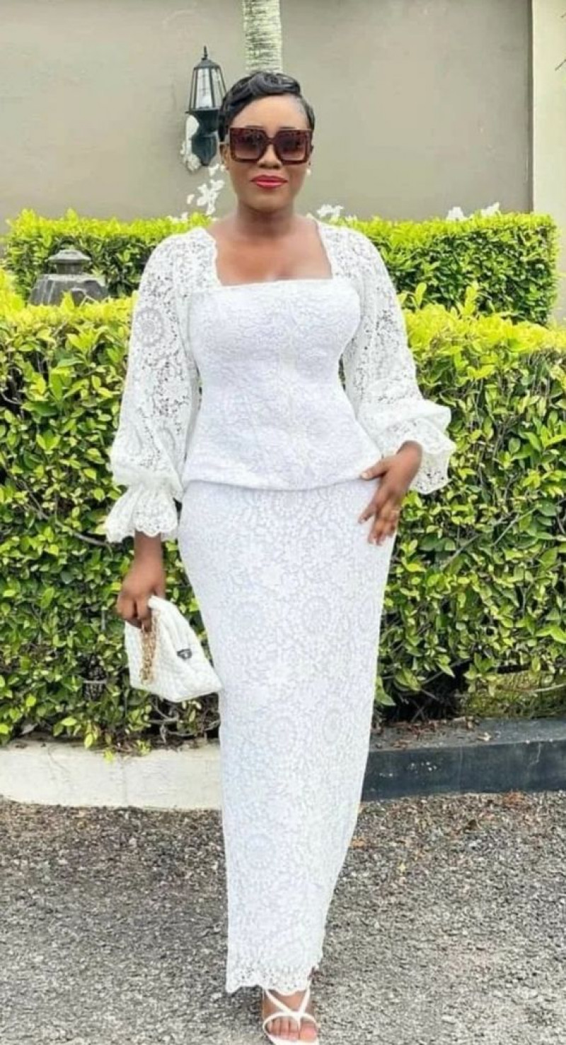 White Long Sleeves Blouse, White Lace Casual Trouser, White Lace Slit