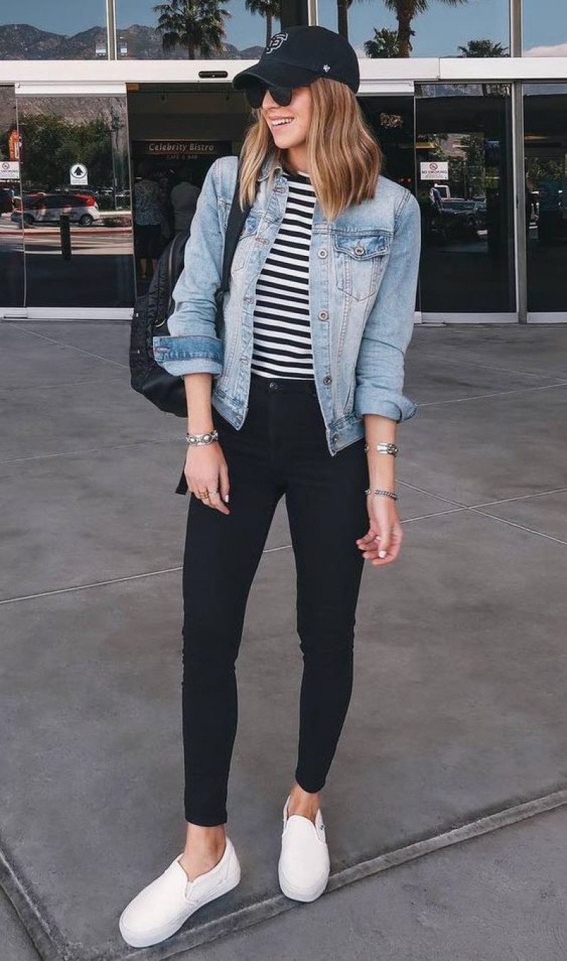 Light Blue Casual Jacket, Black Denim Jeans, White Vans Outfit