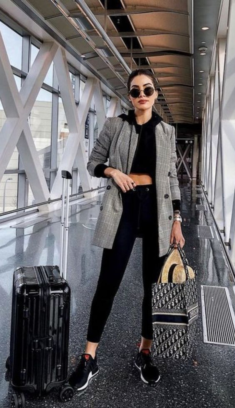 Grey Suit Jackets And Tuxedo, Black Knitwear Legging, Airport Outfits
