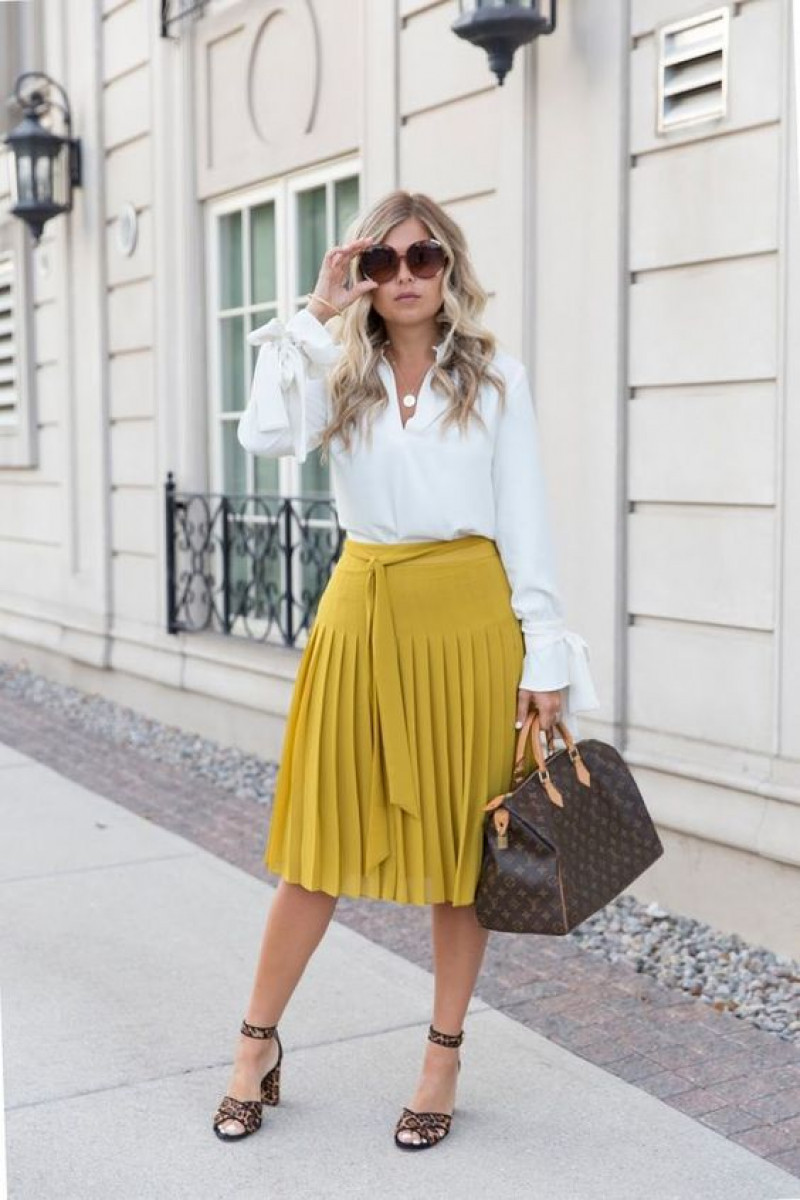 White Long Sleeves Cropped Blouse, Yellow Silk Pleated, Church Outfit Ideas