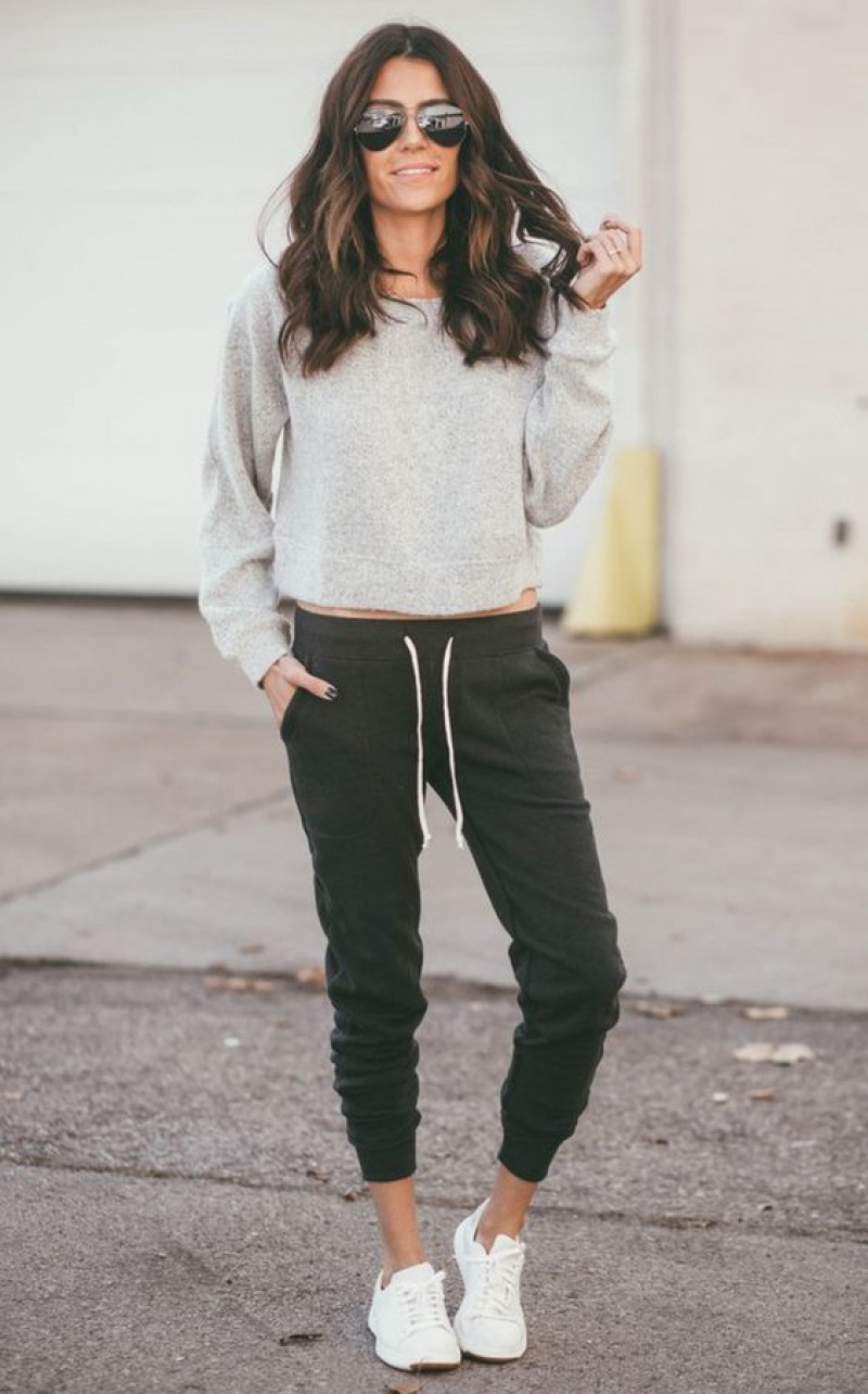 Beige Long Sleeves Sweater, Grey Velvet Casual Trouser, White Vans Outfit