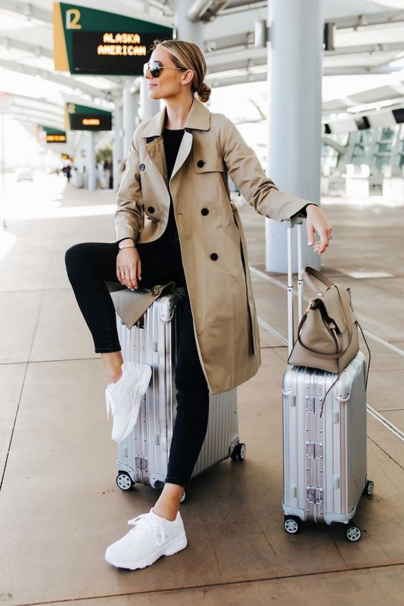 Beige Trench Coat, Black Denim Jeans, Airport Outfits