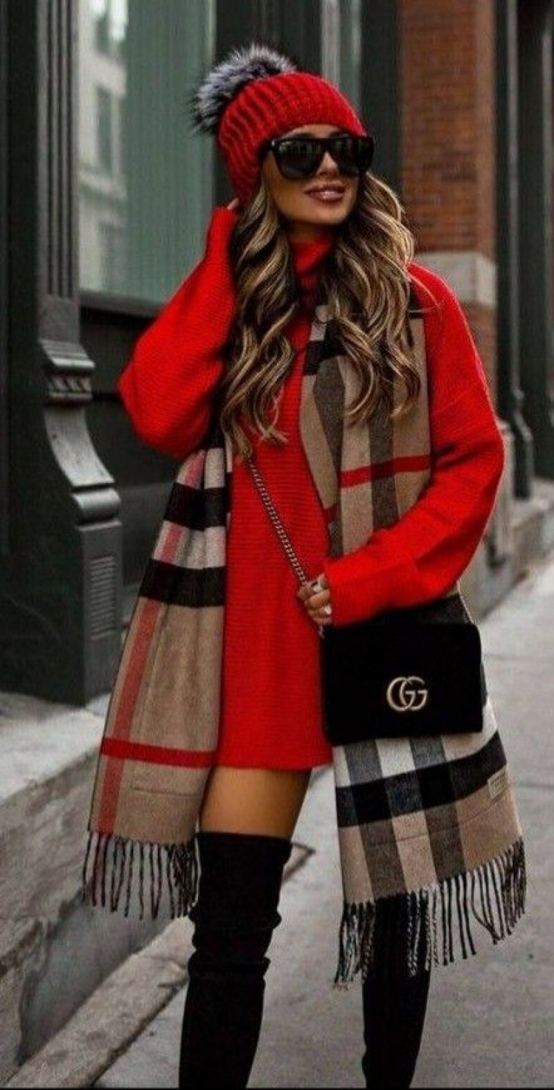 red dress and Burberry-inspired wrap