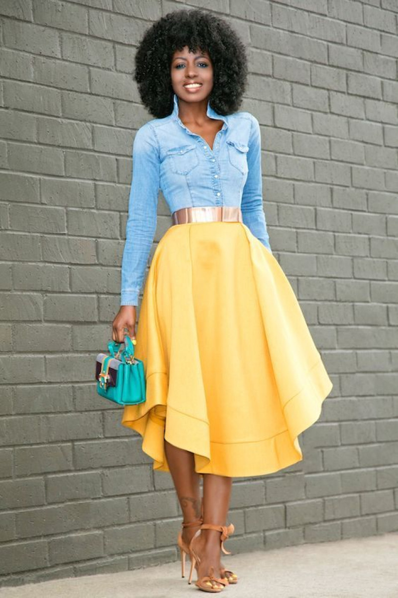 Light Blue Long Sleeves Denim Shirt, Yellow Denim Denim Skirt, Church Outfit Ideas