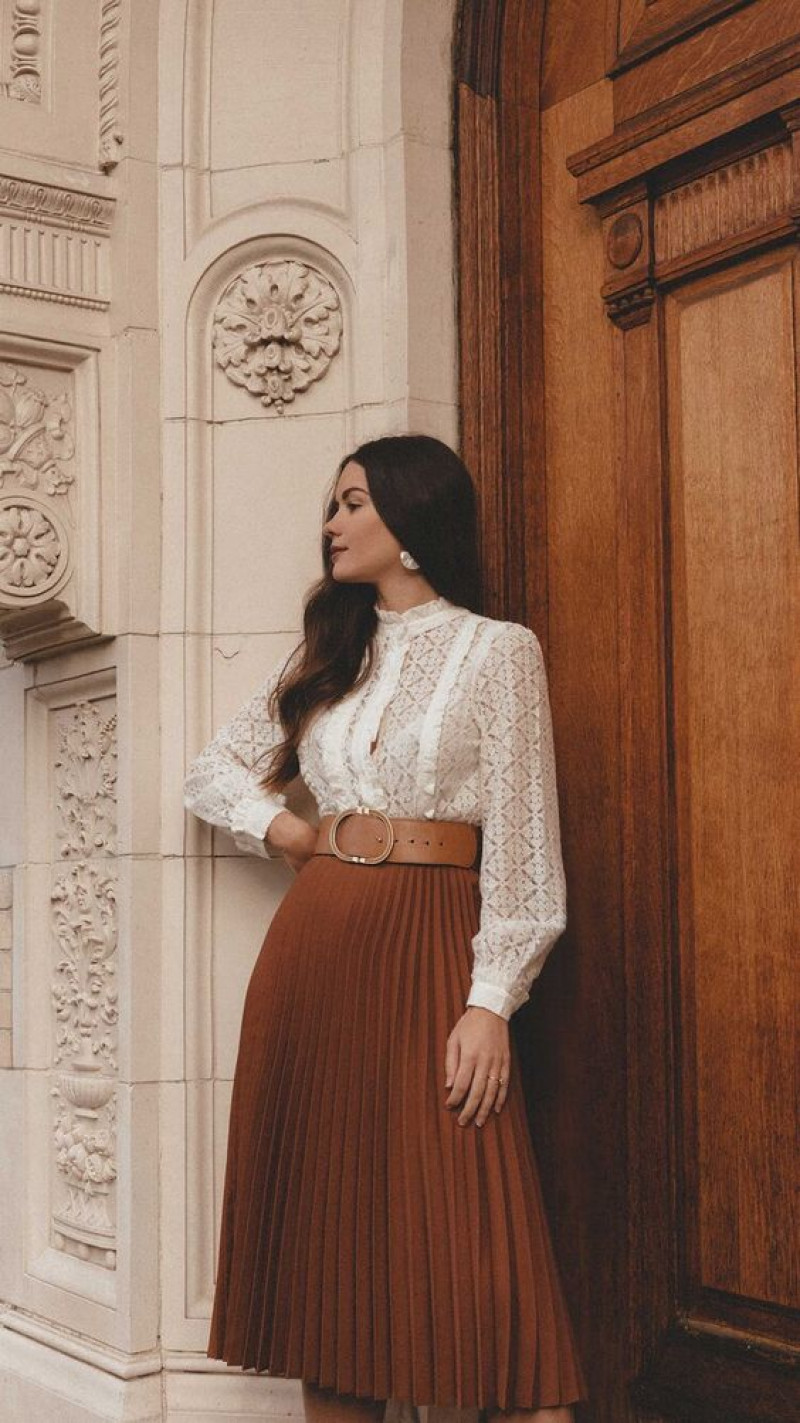 White Long Sleeves Cropped Blouse, Brown Mesh/Transparent Casual Skirt, Church Outfit Ideas