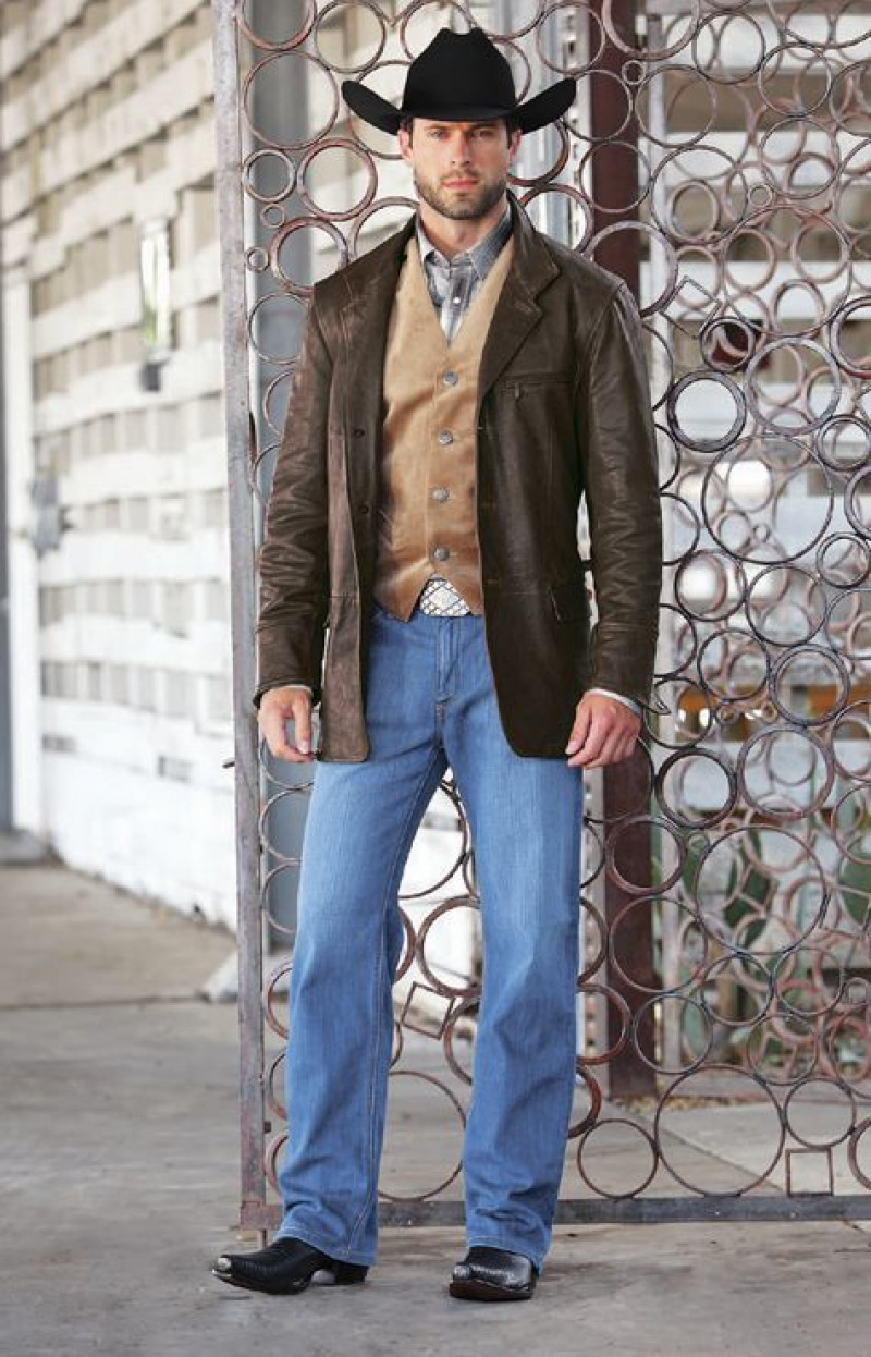 Brown Winter Jacket, Light Blue Denim Casual Trouser, Men's Cowboy Outfits