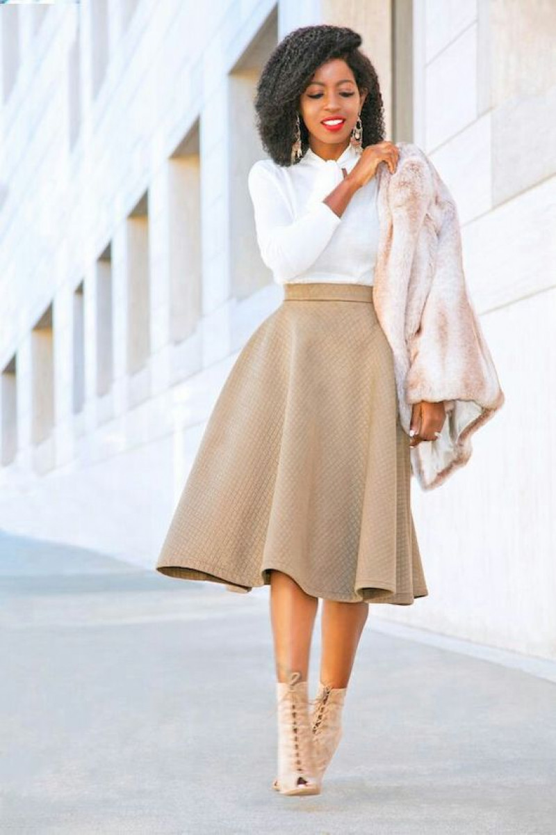 White Long Sleeves Cardigan, Beige Silk Formal Skirt, Church Outfit Ideas