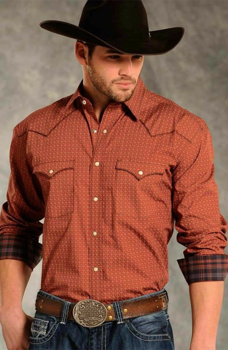 Orange 3/4 Sleeves Shirt, Men's Cowboy Outfits