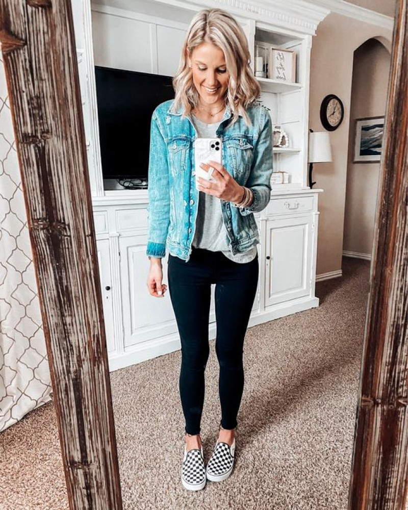 Light Blue Casual Jacket, Black Denim Jeans, Checkered Vans Outfits