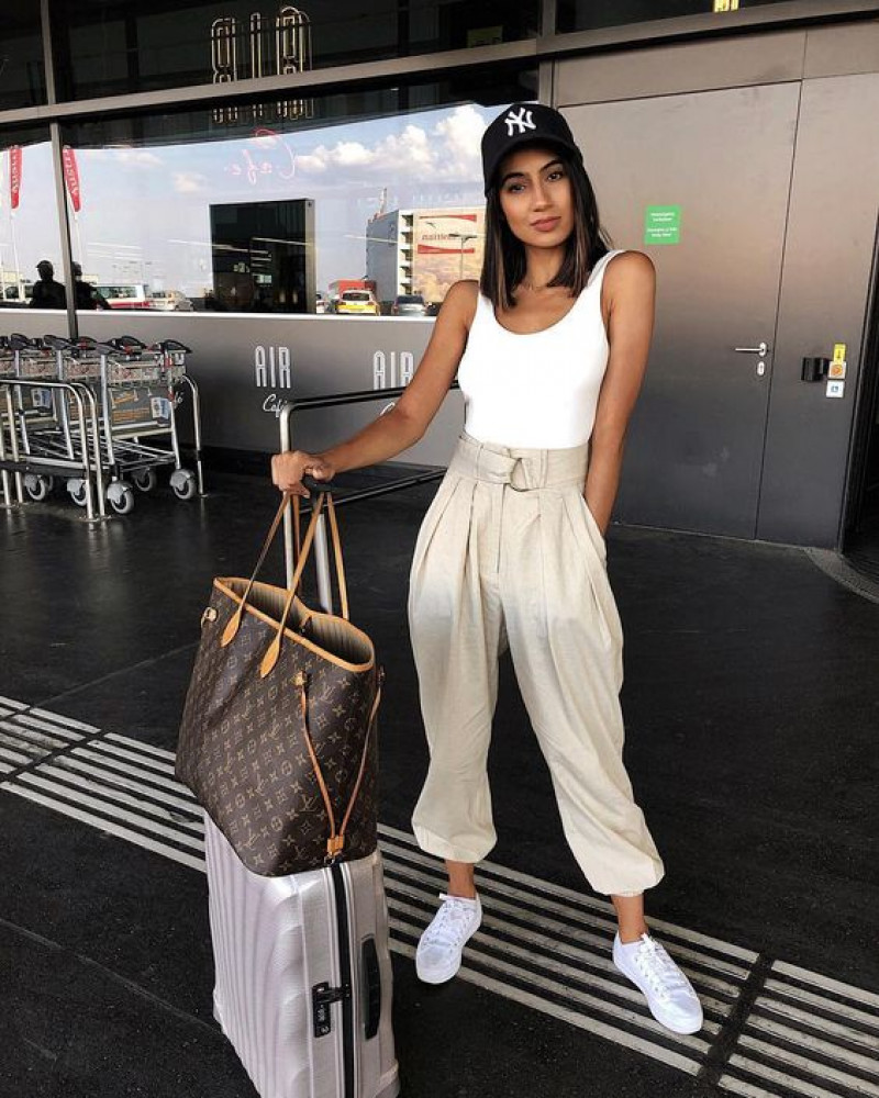 White Sleeveless Top, Beige Cotton Casual Trouser, Airport Outfits
