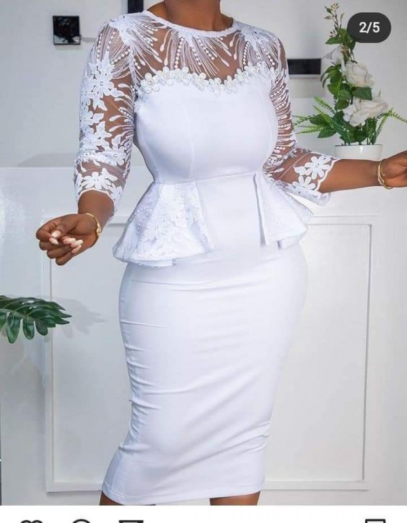 White Long Sleeves Blouse, White Cotton Casual Skirt, White Lace Slit