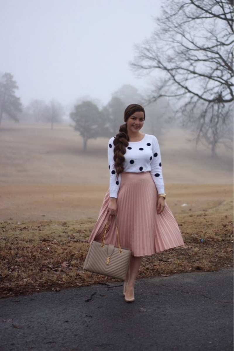 White Long Sleeves Sweater, Pink Cotton Formal Skirt, Church Outfit Ideas