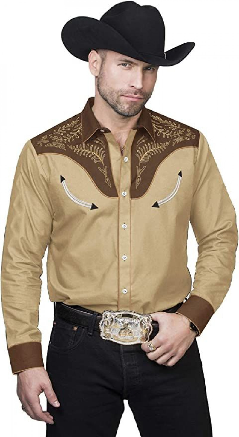 Beige Long Sleeves Shirt, Black Jeans, Men's Cowboy Outfits