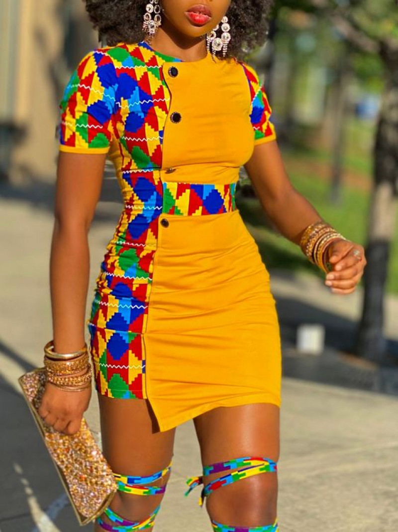 Yellow  Mini Bodycon Dress, African Dresses