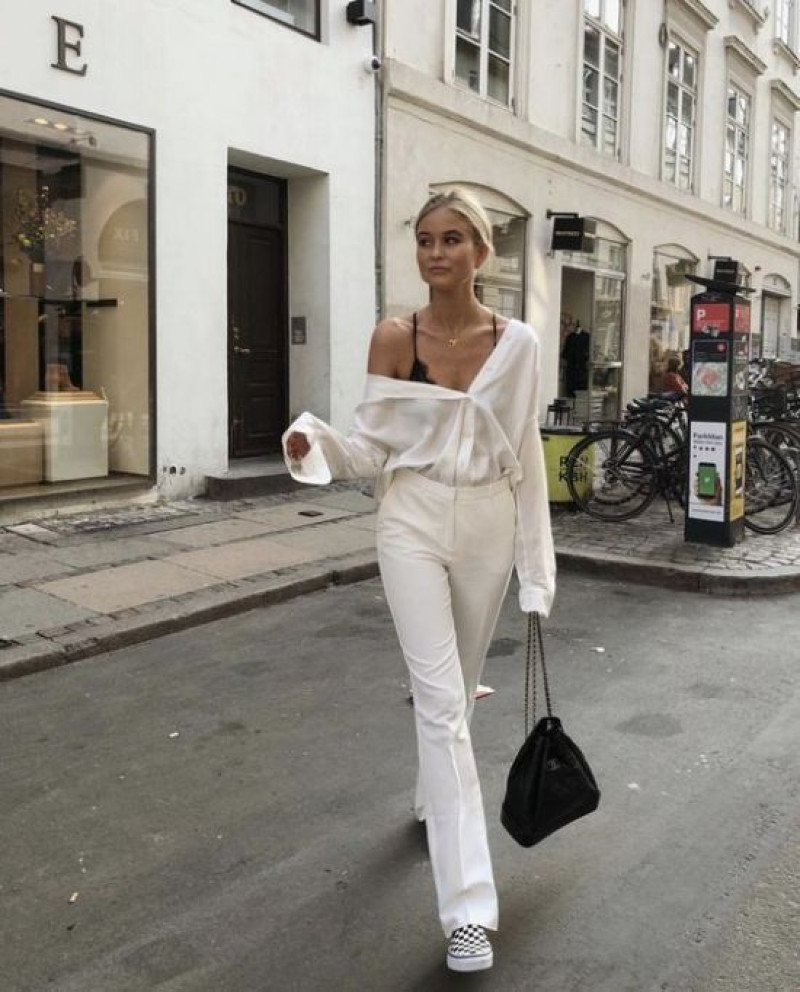 White Long Sleeves Blouse, White Cotton Suit Trouser, White Vans Outfit