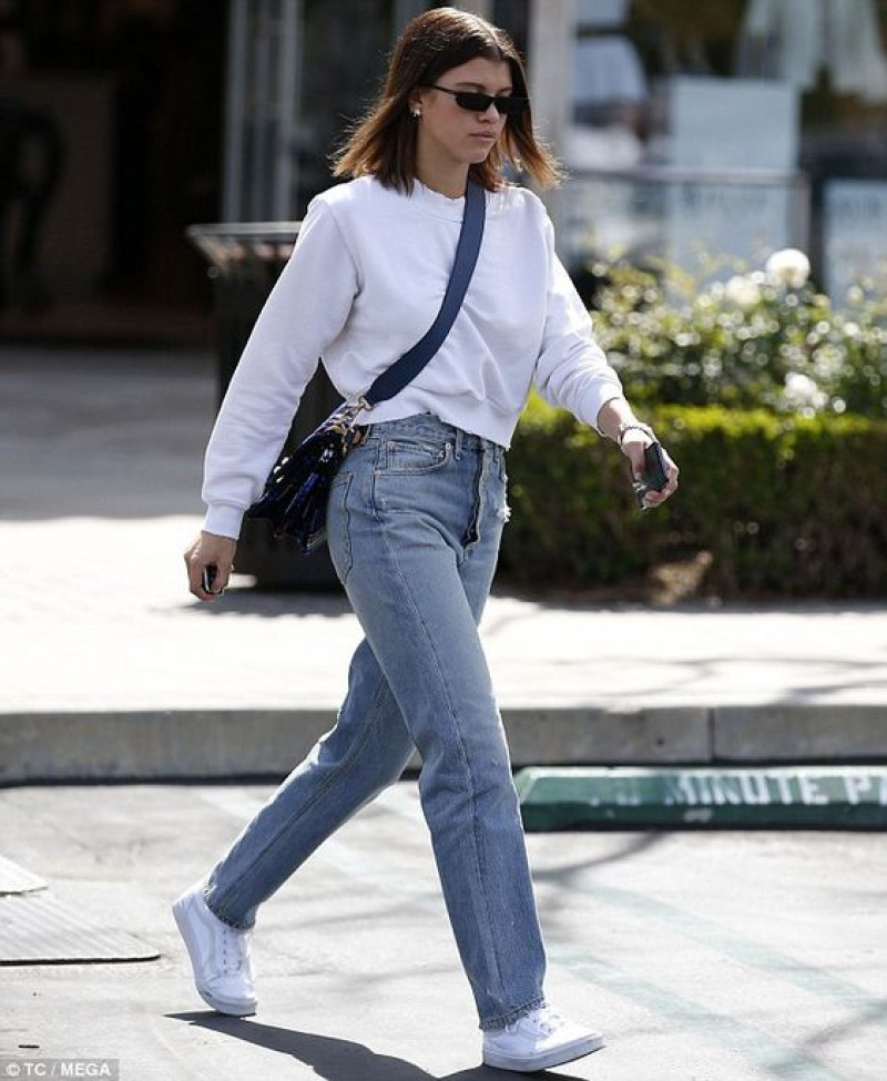 White Long Sleeves Cardigan, Light Blue Denim Casual Trouser, White Vans Outfit