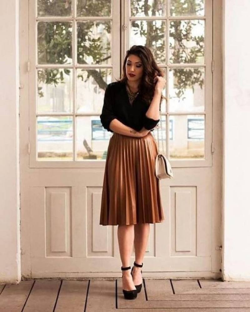 Black 3/4 Sleeves Sweater, Brown Silk Formal Skirt, Church Outfit Ideas