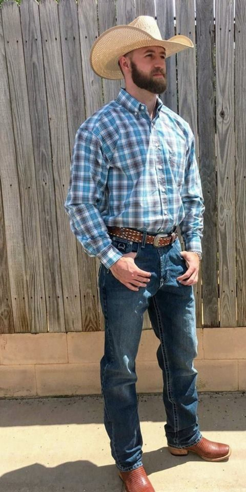 Long Sleeves Shirt, Dark Blue And Navy Denim Casual Trouser, Men's Cowboy Outfits