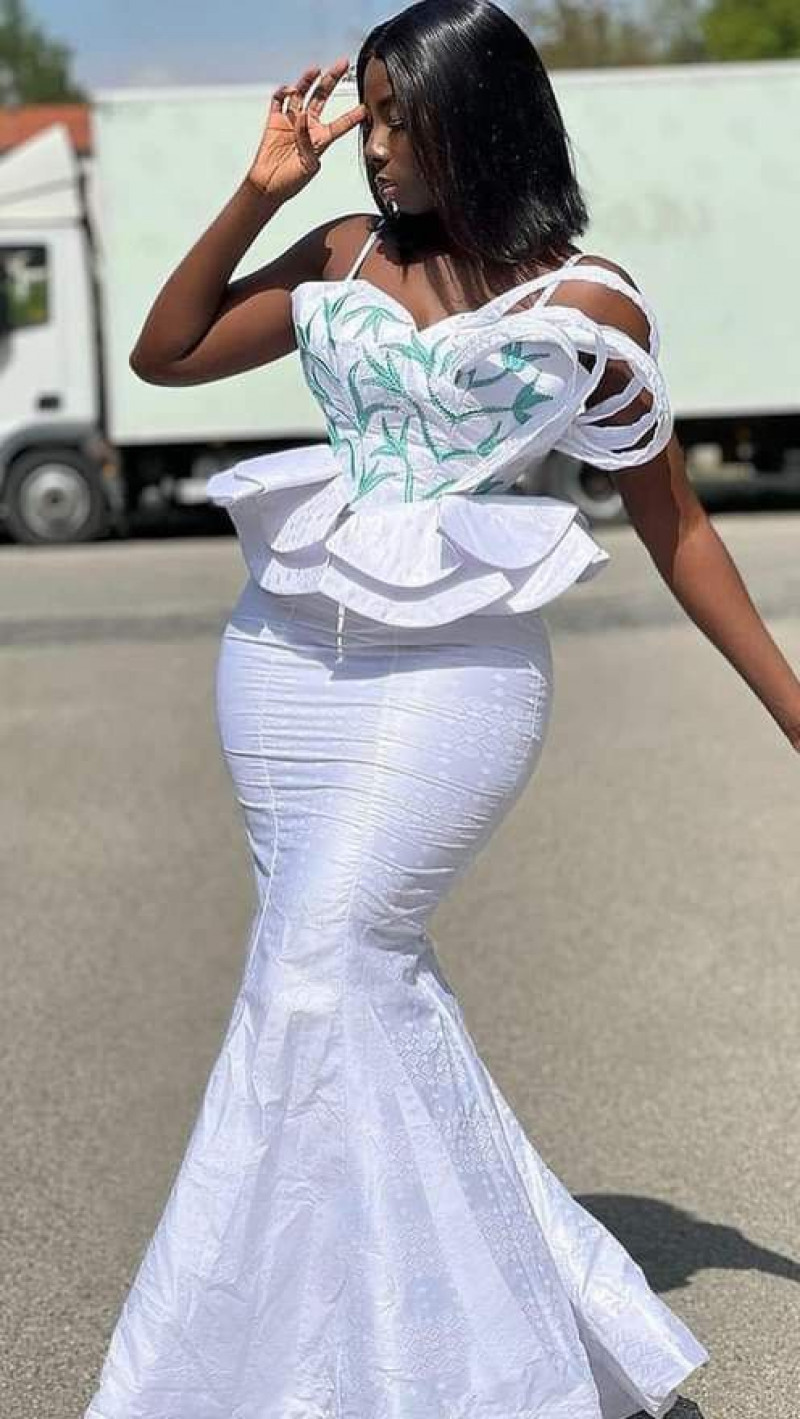 White Short Sleeves Shirt, White Lace Formal Skirt, White Lace Slit