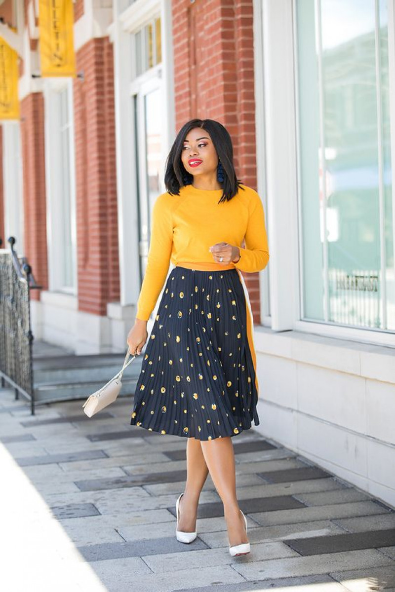 Yellow Long Sleeves Sweater, Dark Blue And Navy Cotton A-Line, Church Outfit Ideas
