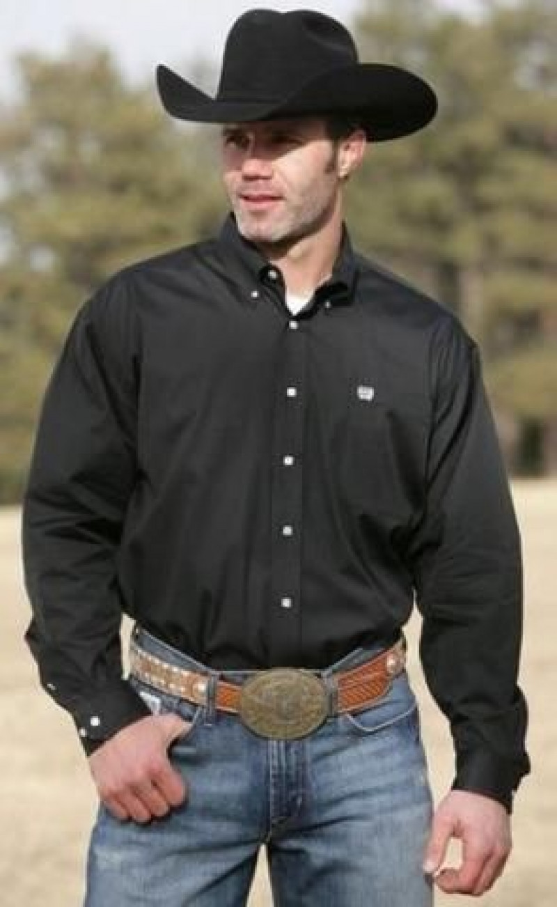 Black Long Sleeves Shirt, Light Blue Denim Jeans, Men's Cowboy Outfits
