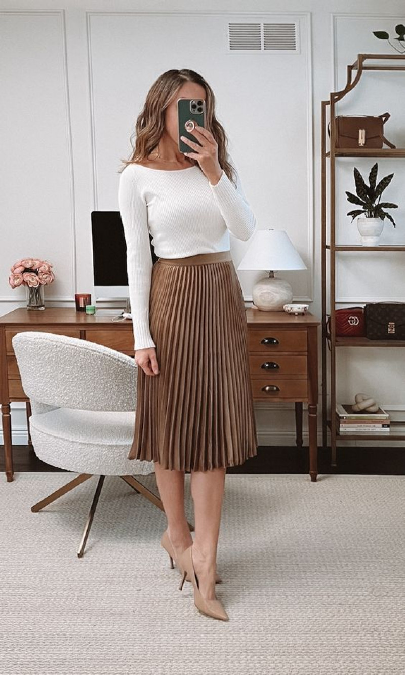 White Long Sleeves Sweater, Beige Cotton Formal Skirt, Church Outfit Ideas