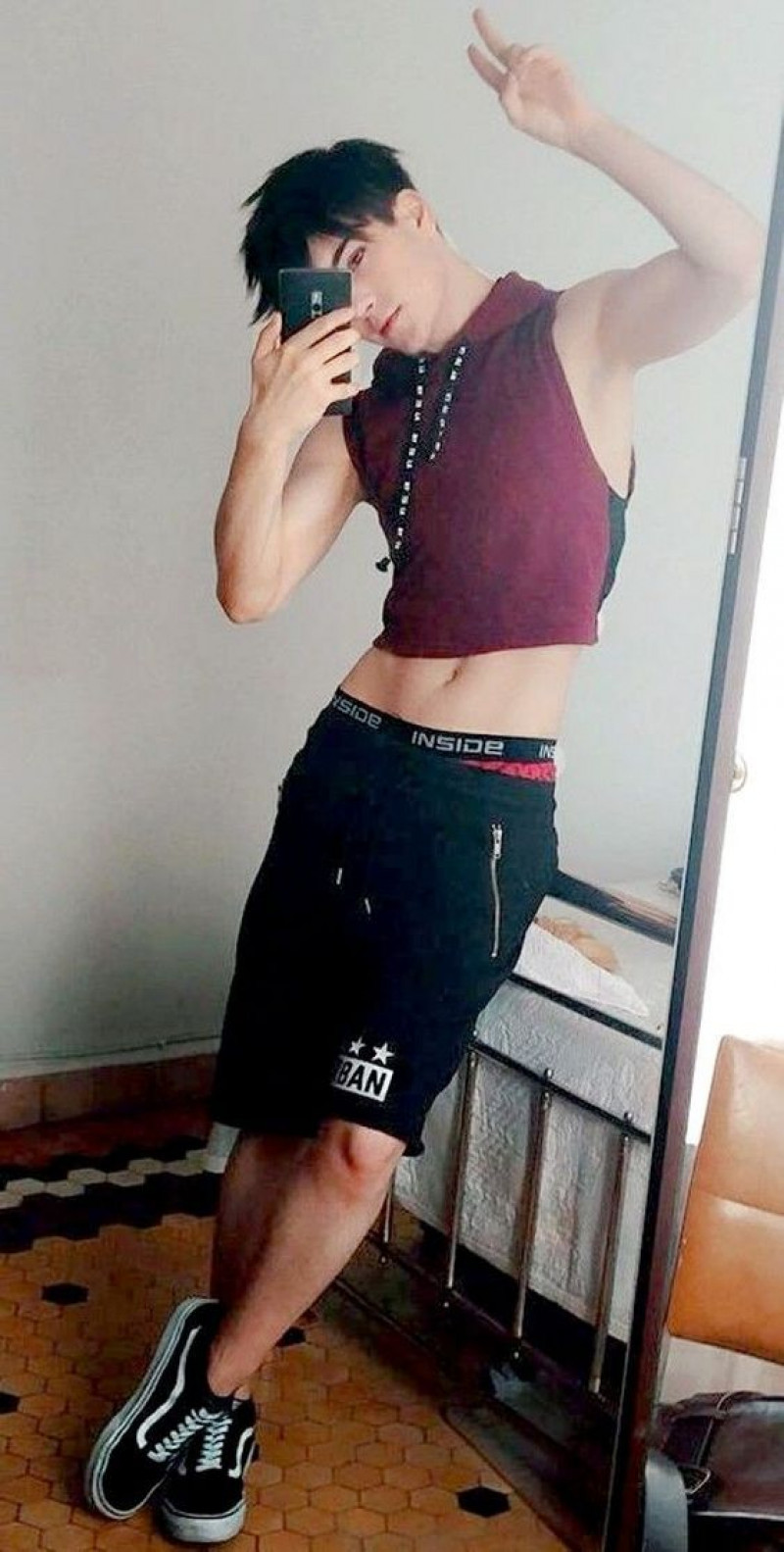 Purple And Violet Sleeveless Crop Top, Black Cotton Denim Short, Femboy Outfits