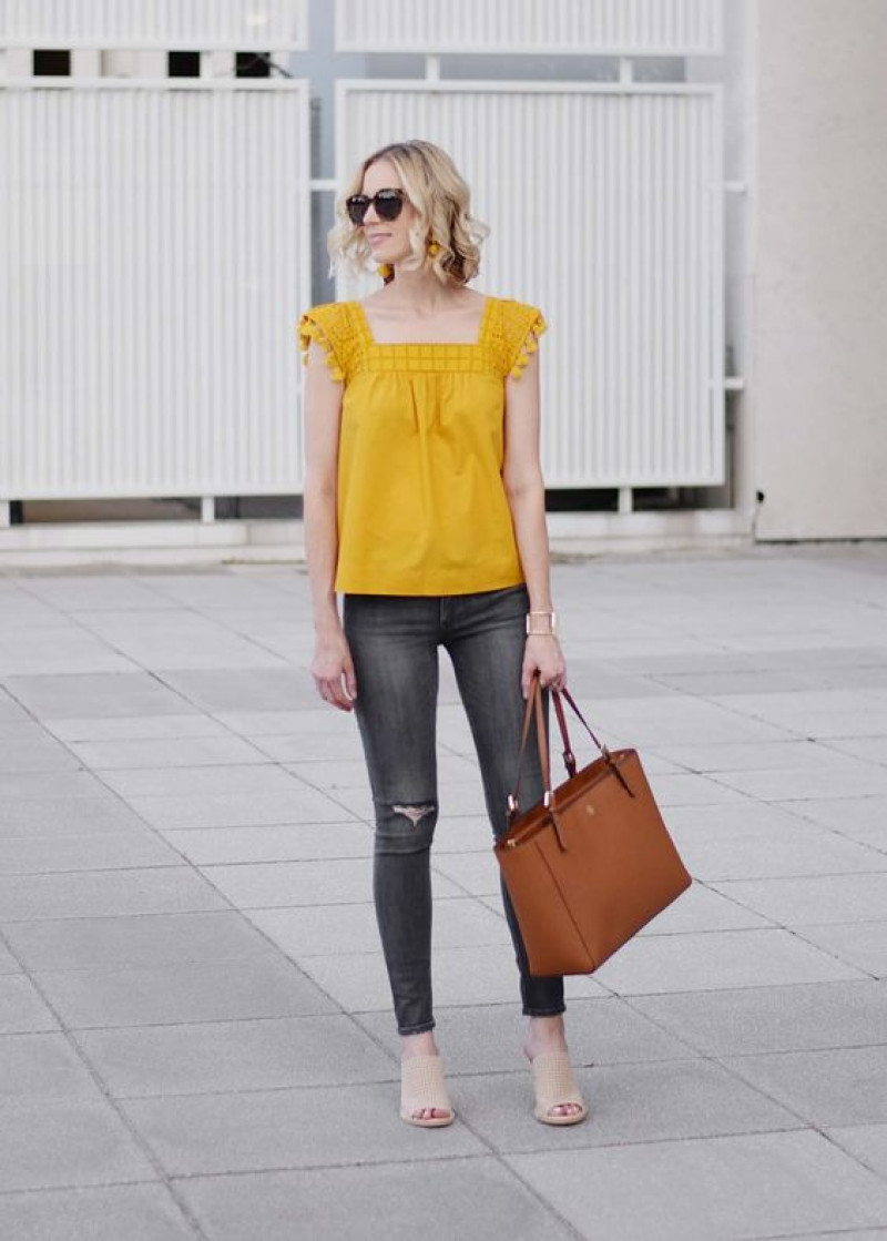 Yellow Short Sleeves Blouse, Grey Denim Jeans, Yellow Top With Jeans