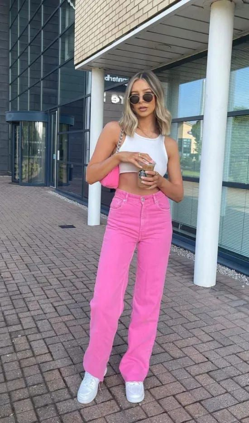 White Sleeveless Crop Top, Pink Cotton Casual Trouser, Pink Jeans Outfit