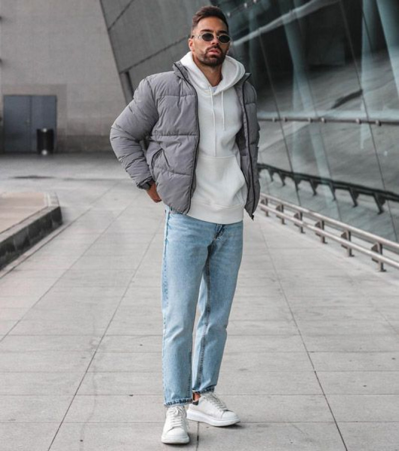 Grey Winter Jacket, Light Blue Denim Casual Trouser, Men's Blue Jeans