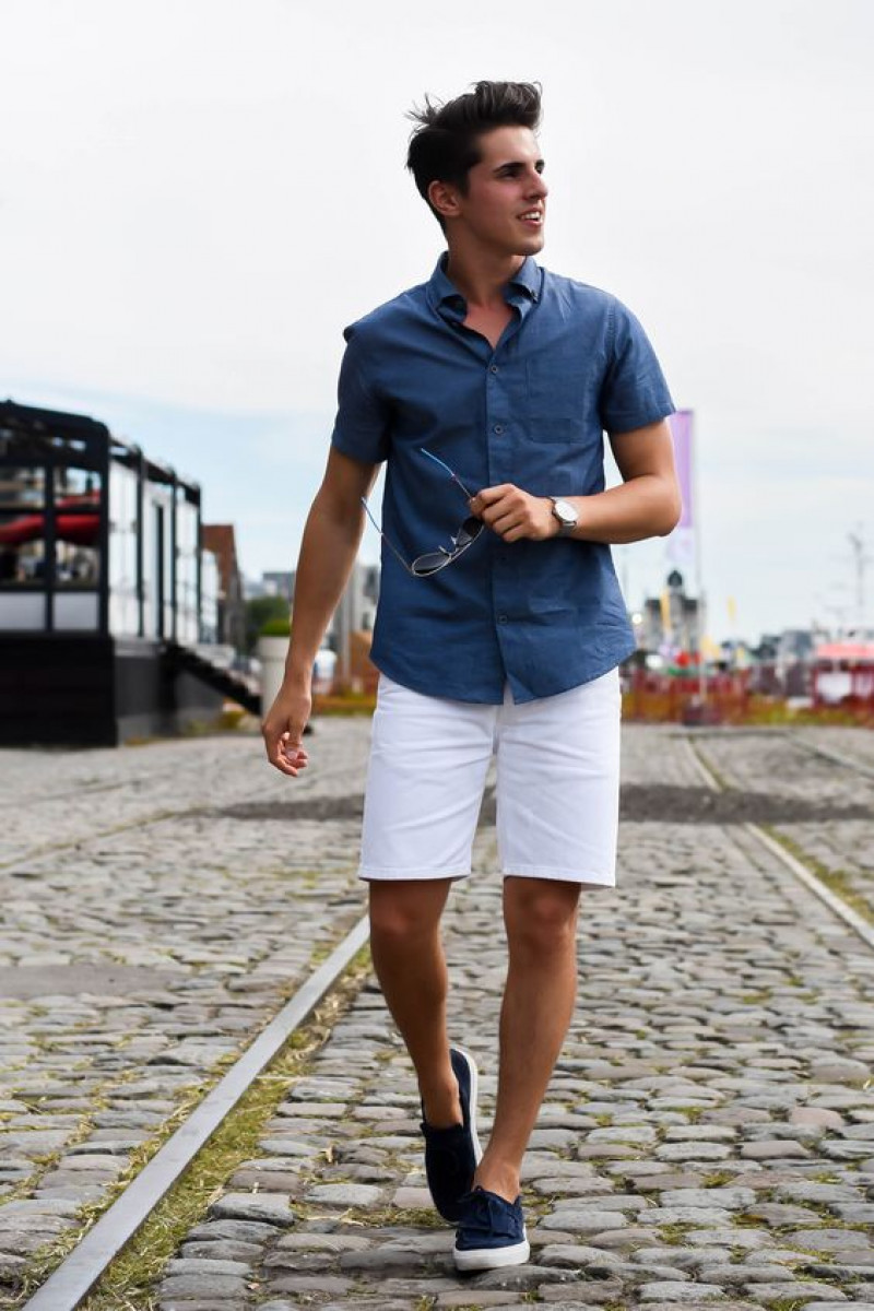 Dark Blue And Navy Short Sleeves Denim Shirt, White Denim Denim Short, Men's Loafer With Shorts