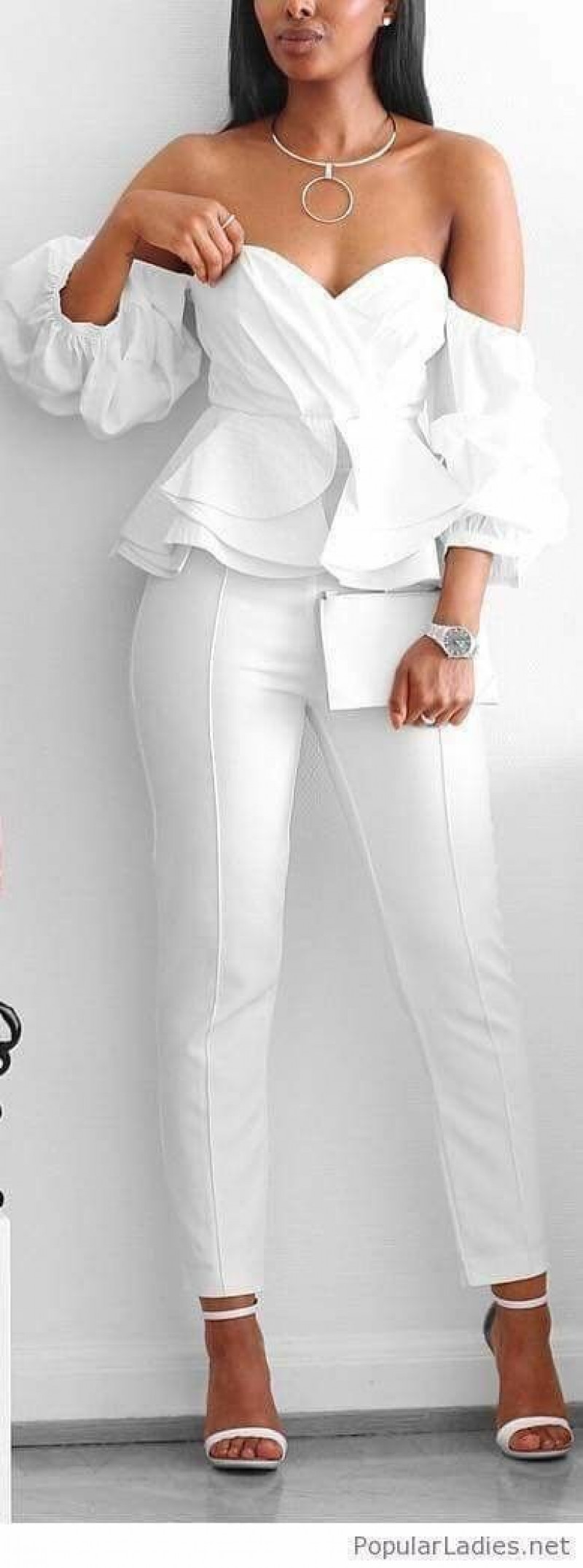 White Bardot Top, White Formal Trouser, White Outfits