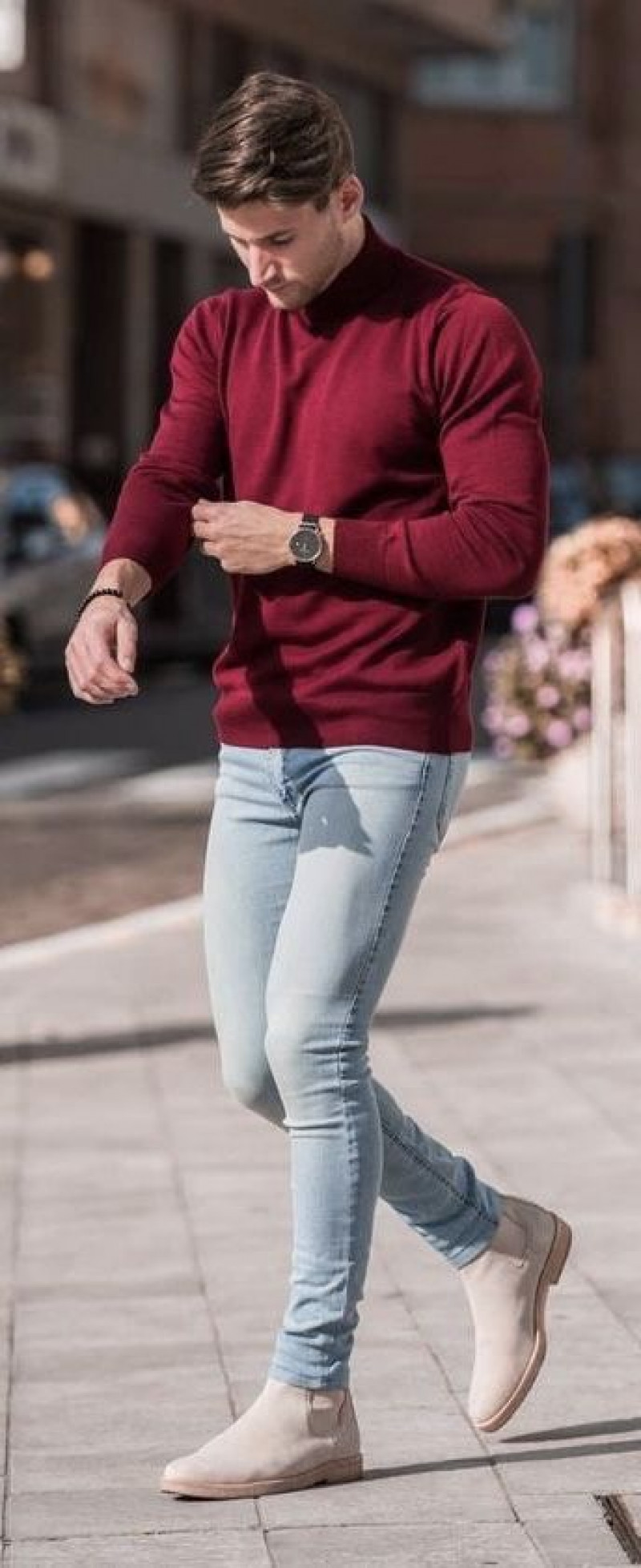 Red Long Sleeves Sweatshirt, Light Blue Denim Casual Trouser, Mens Turtleneck Outfits