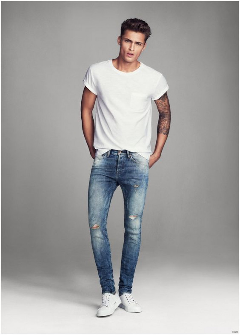 White Short Sleeves T-Shirt, Dark Blue And Navy Denim Casual Trouser, Men's Blue Jeans