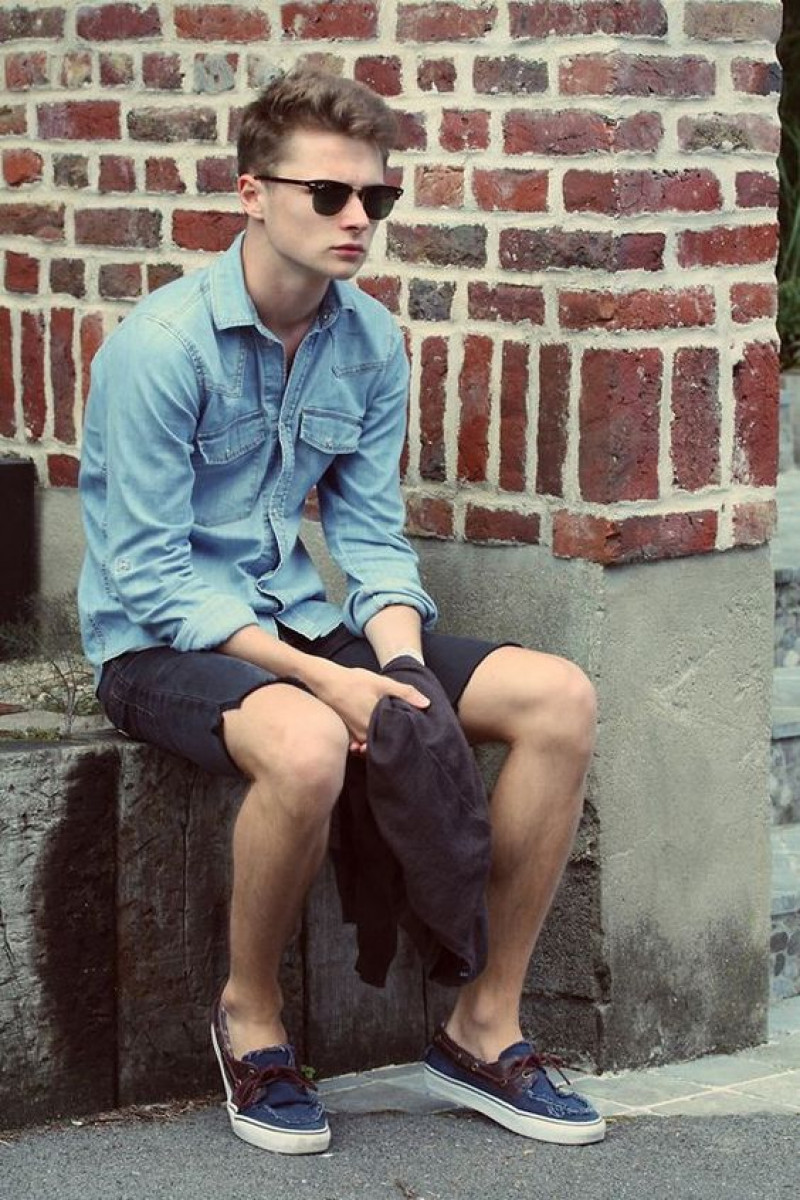 Light Blue 3/4 Sleeves Shirt, Dark Blue And Navy Denim Suit Trouser, Men's Loafer With Shorts