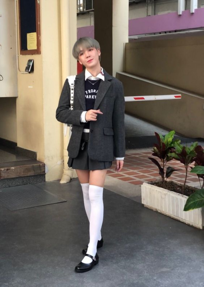 Grey Wool Coat, Grey Denim Denim Skirt, Femboy Outfits