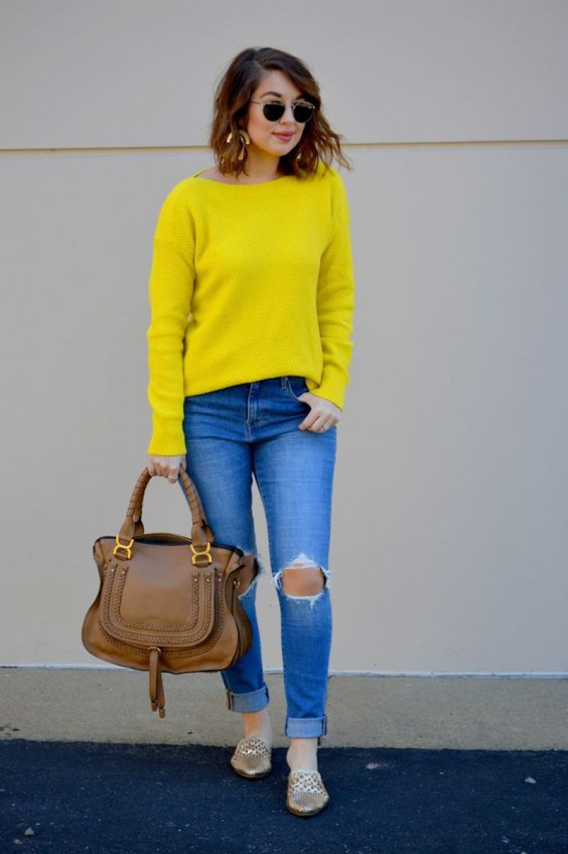 Yellow Long Sleeves Sweater, Light Blue Denim Casual Trouser, Yellow Top With Jeans