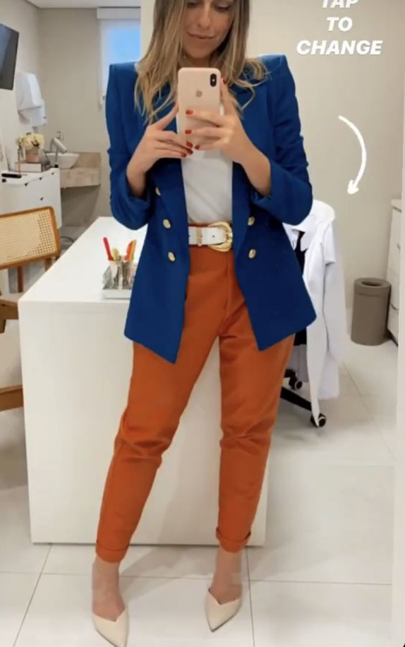 White Upper, Orange Cotton Casual Trouser, Blue Blazer Outfit