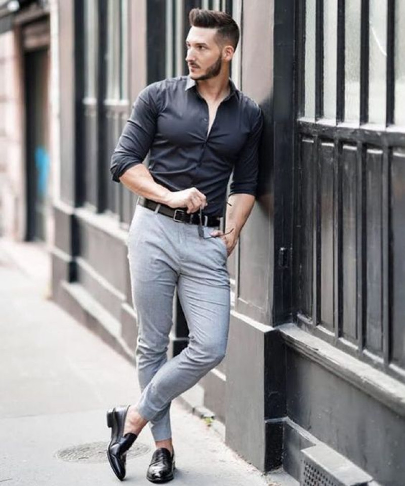 Grey 3/4 Sleeves Shirt, Grey Cotton Casual Trouser, Black Shirt Grey Pants
