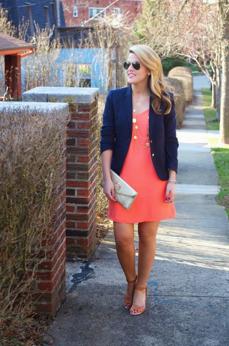 Dark Blue And Navy Suit Jackets And Tuxedo, Orange Cotton A-Line Skirt, Coral Outfits