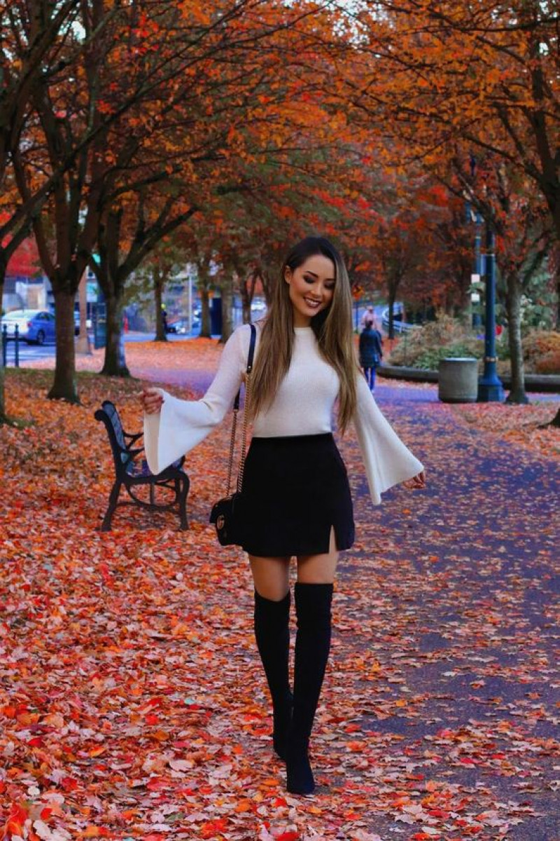 Long Sleeves Shirt, Black Cotton Wrap Skirt, Thigh Socks Outfits